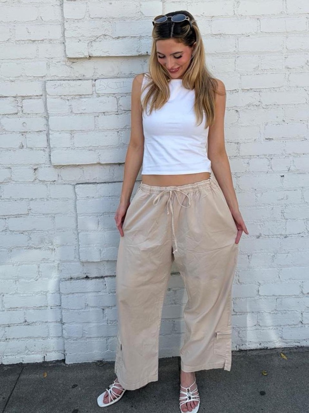 Vtg beige wide leg capri cargo pant drawstring waist sz XL #y2k #outdoors